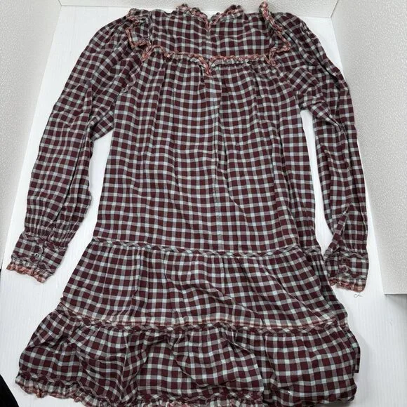 Ulla Johnson Elm Plaid Ruffle Mini Dress Size 8 Burgundy Check Long Sleeve - Picture 13 of 13